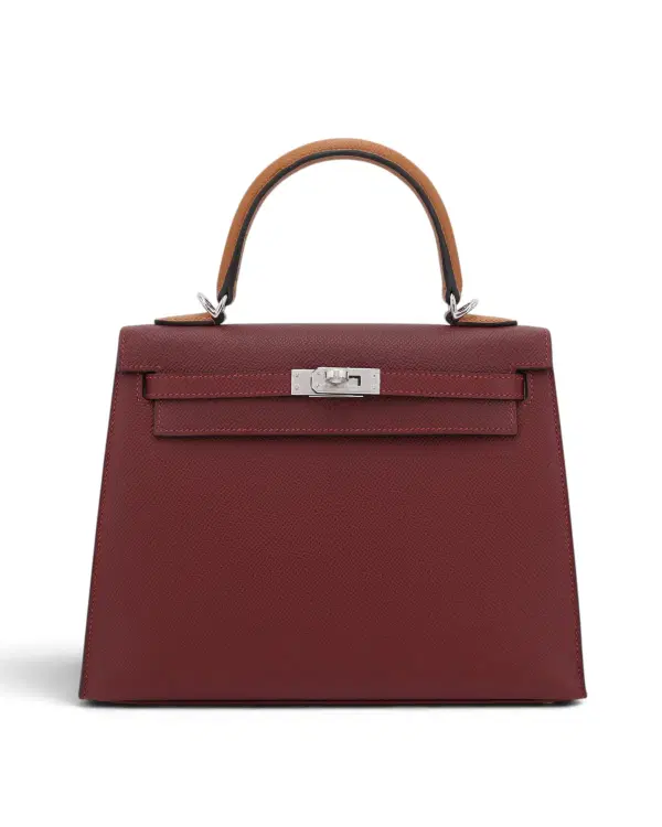 Hermès Kelly Sellier 25, Bai Brun / Gold / Rouge H