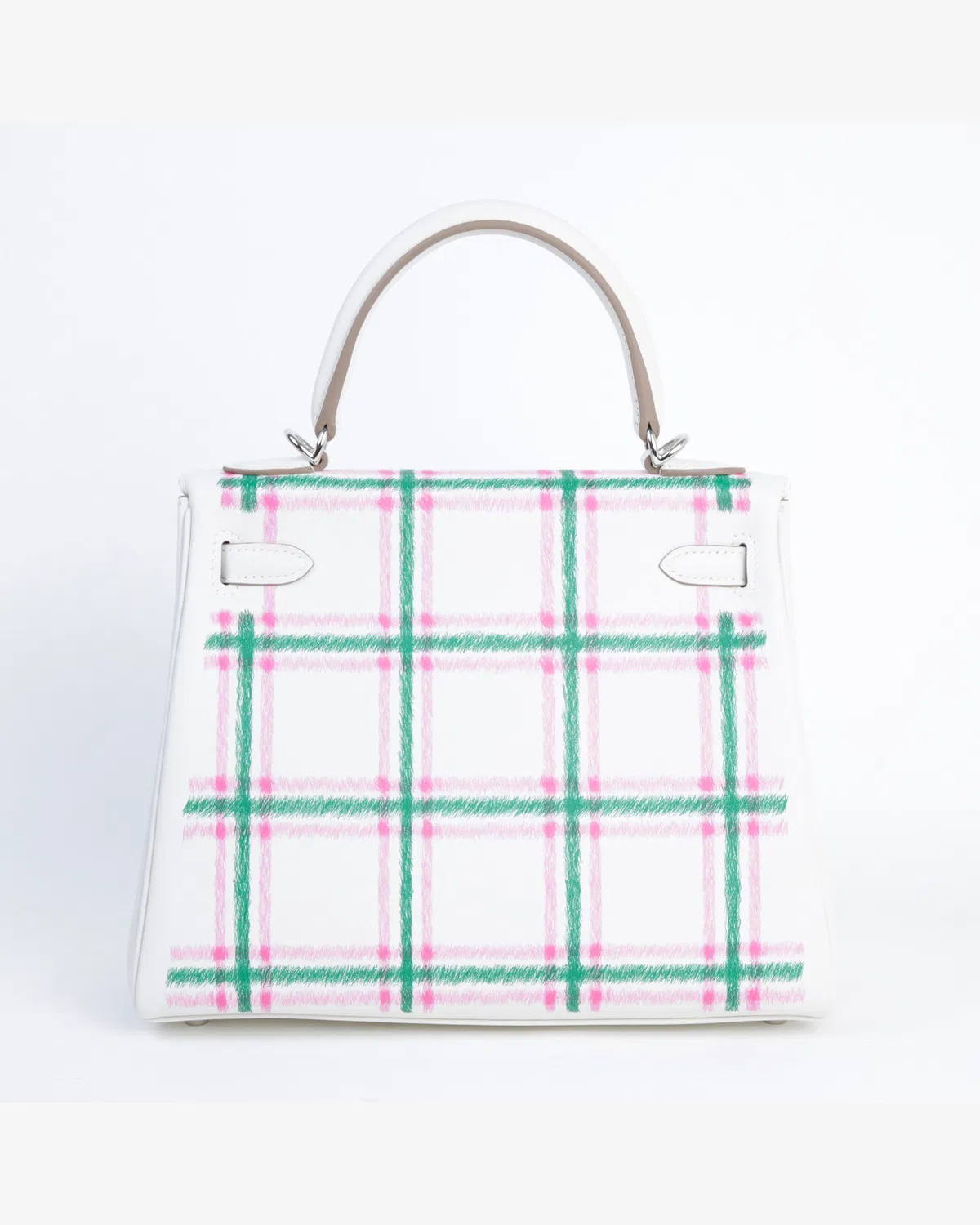 Hermès Kelly Tartan 25, Gris Pâle / Rose Bubblegum / Vert Moyen